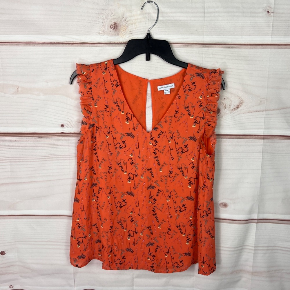 Katherine Barclay Top Women M Orange Floral Blouse V-Neck Flutter Sleeve Chiffon